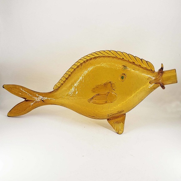 Orvieto Yellow Crackle Glass Murano Italy Mid Century Fish Wine Decanter Bottle